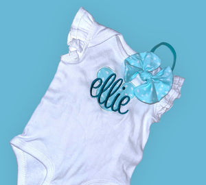 Blue Dot Mouse Name Onesie & Bow