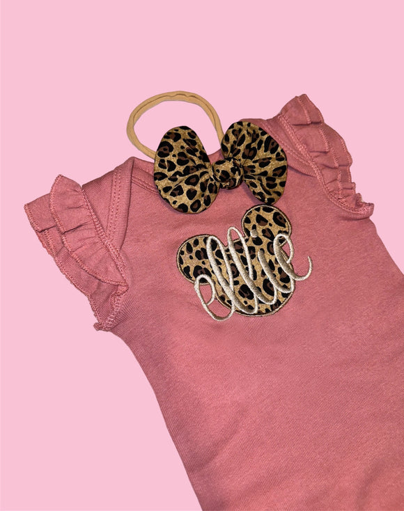 Animal Print Mouse Name Onesie & Bow