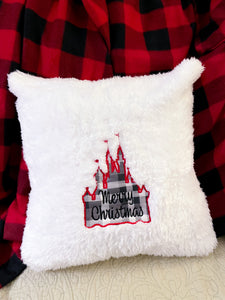 Merry Christmas Castle Appliqué Sherpa Pillow Cover