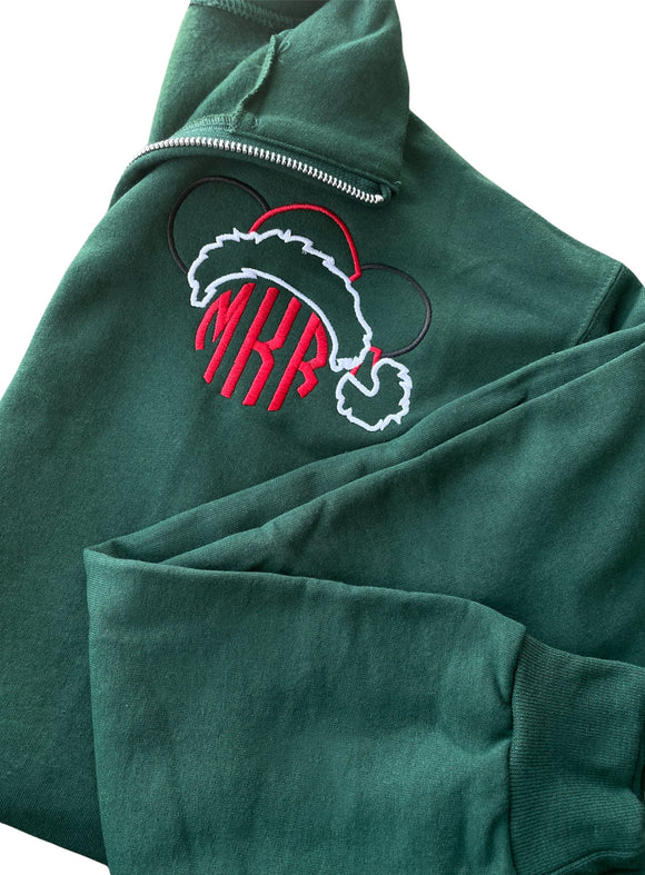 Mouse Santa Hat Monogram Quarter Zip